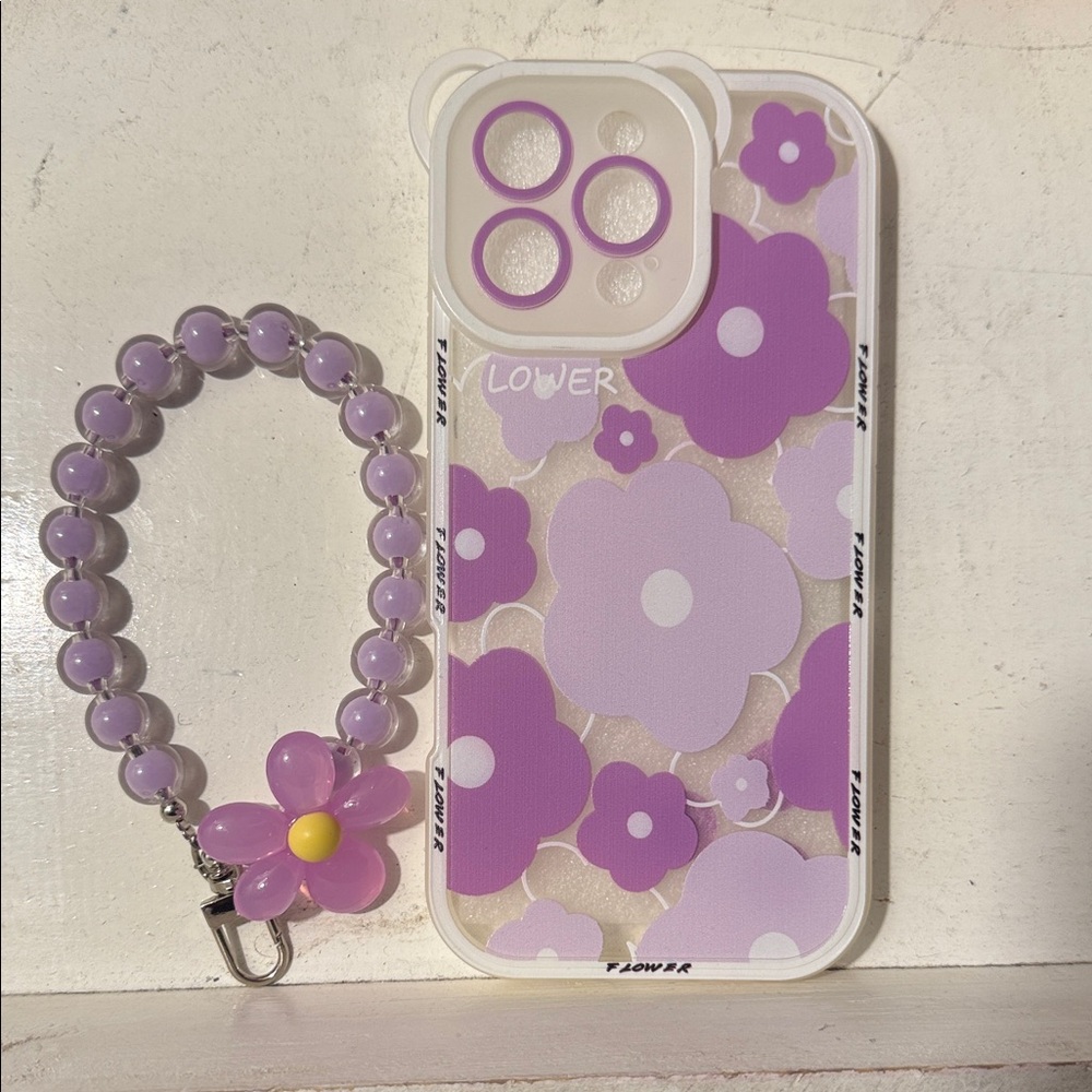 Purple Floral Phone Case with Beaded Strap